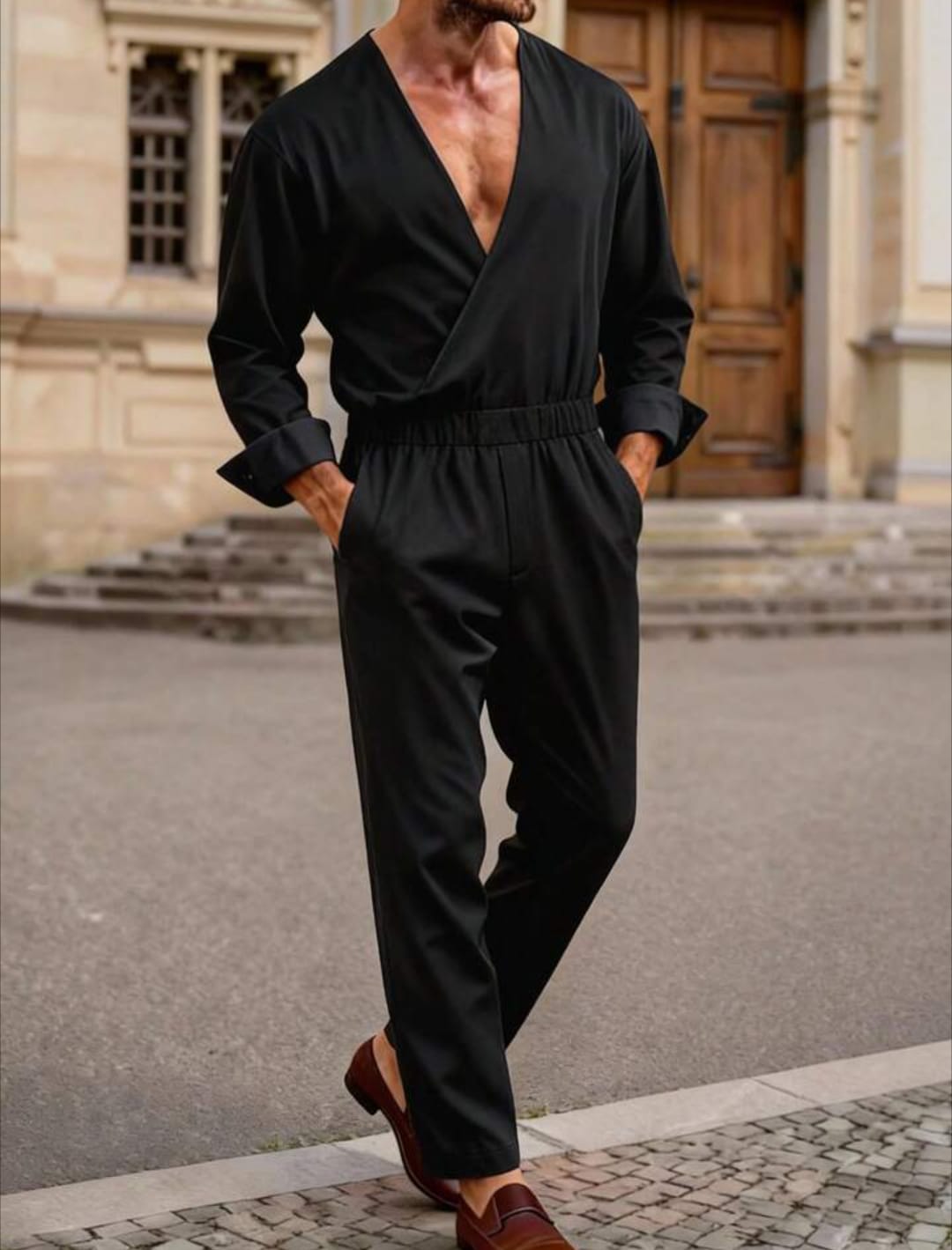 Men's Deep V-Neck Long Sleeve Casual Jumpsuit